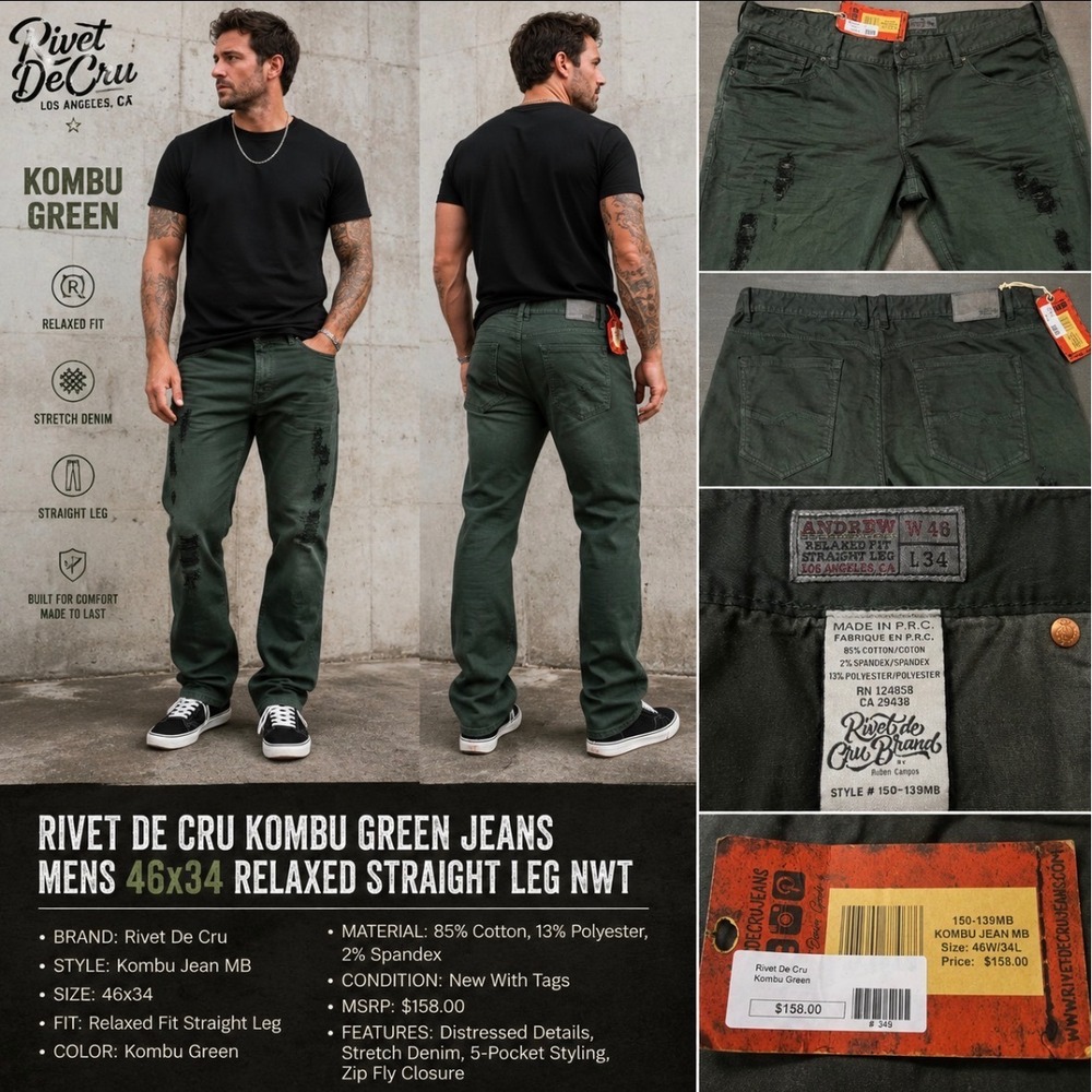 Rivet De Cru Kombu Green Distressed Jeans Men 46x34 Relaxed Stretch Denim